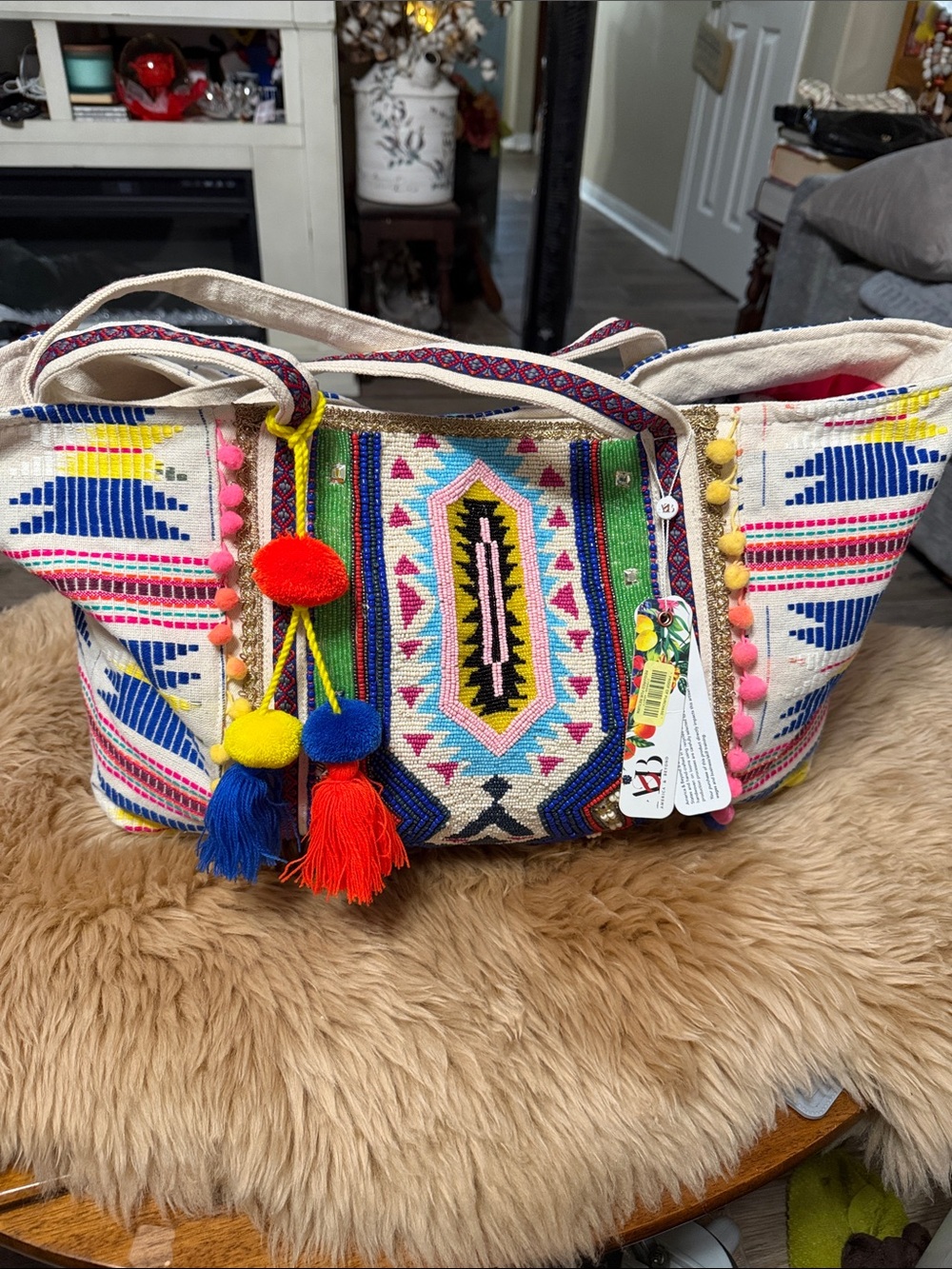 America & Beyond Beaded & Pom Pom Colorful Tote NWT
